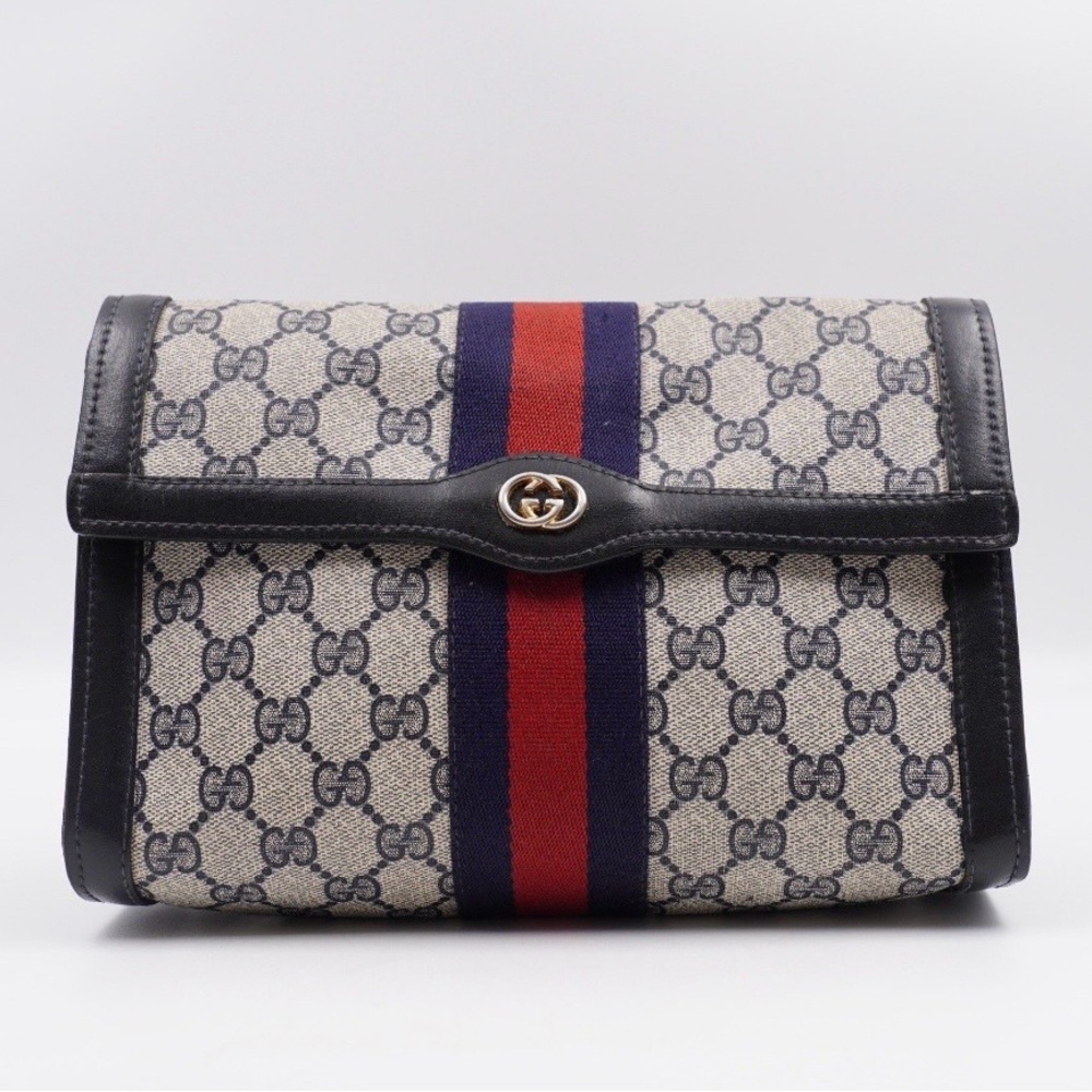 Gucci GG Canvas Clutch with Blue and Red Web Stripe